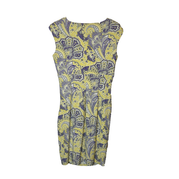 Lauren Ralph Lauren Wrap Ruched Dress Light Academia Stretchy Yellow Navy Sz 12 - Picture 3 of 8